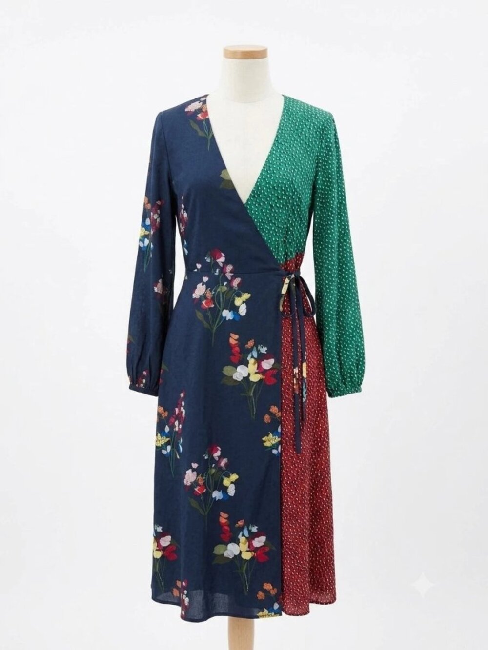 NWT Ted Baker Mix Print Wrap Midi Dress Navy Floral Green Red Polka Dot Size 3